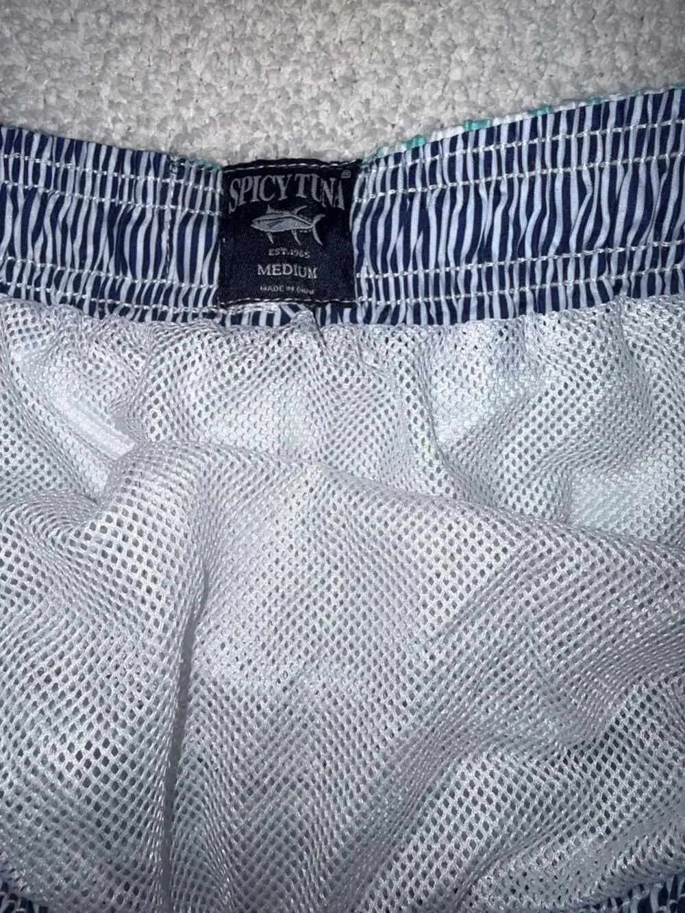 Spicy Tuna Swim Trunks Size Medium Aqua White Tropical Palm Leaf